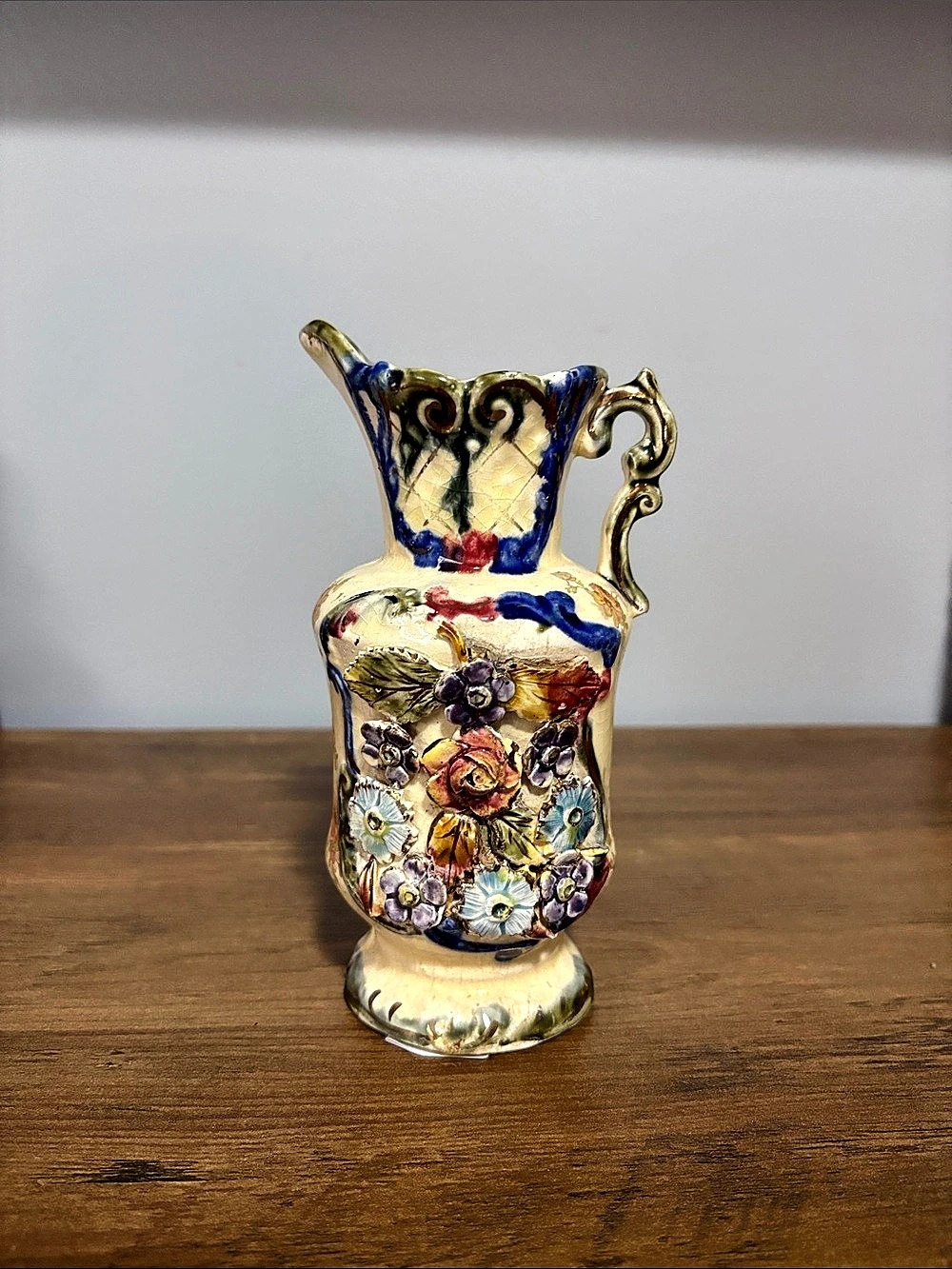 1890’s Floral Ceramic Vase in Cream & Blue